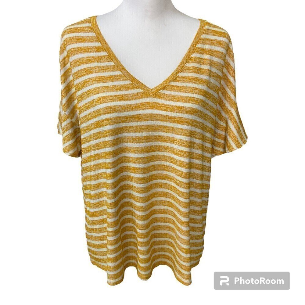 A New Day Womens Shirt Yellow White Stripe Flutter SleeveTop Size L N2